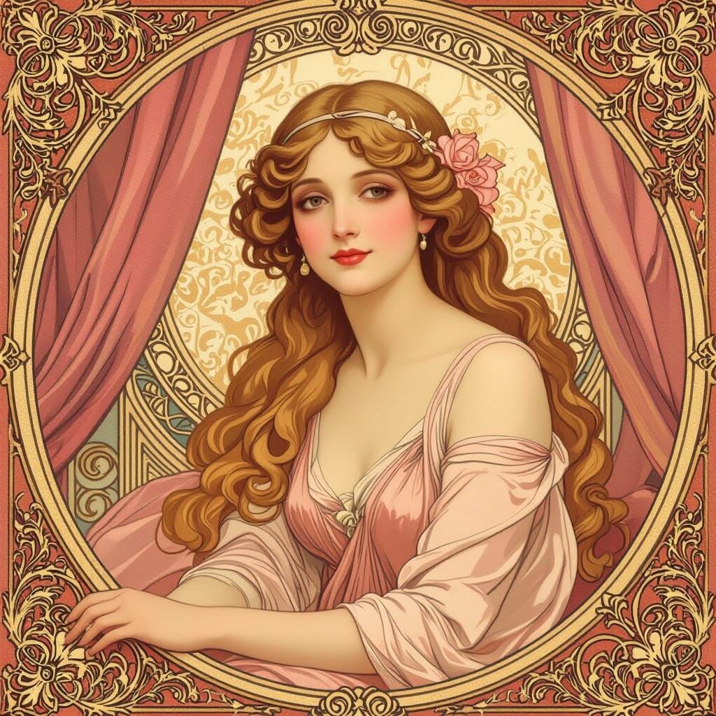Art Nouveau Woman with Golden Hair and Rose Tint