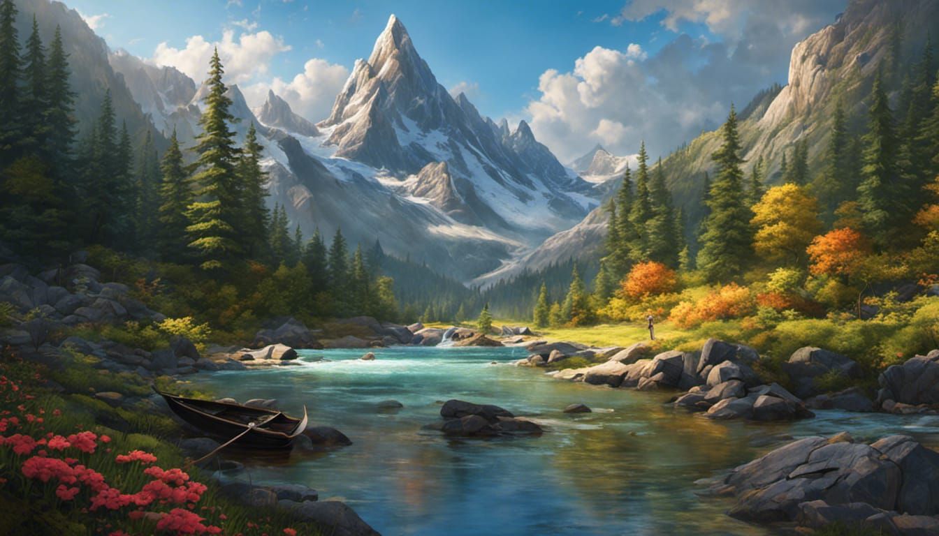 Hyperrealistic Mountain Landscape with Waterfalls