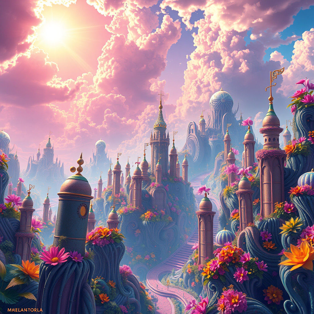 Rainbow Cityscape in Dreamlike Matte Painting Style