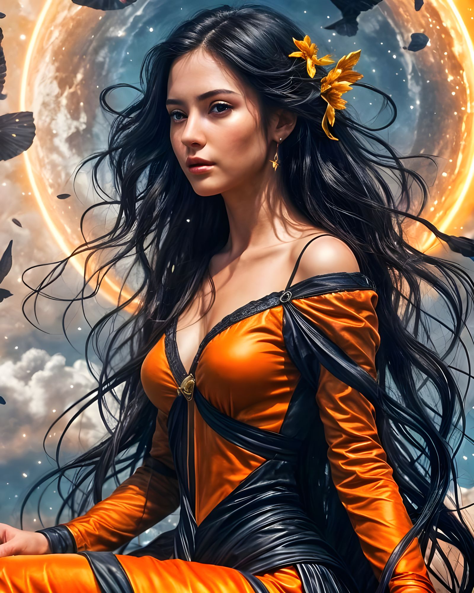 Dreamlike Woman with Starry Sky Hair