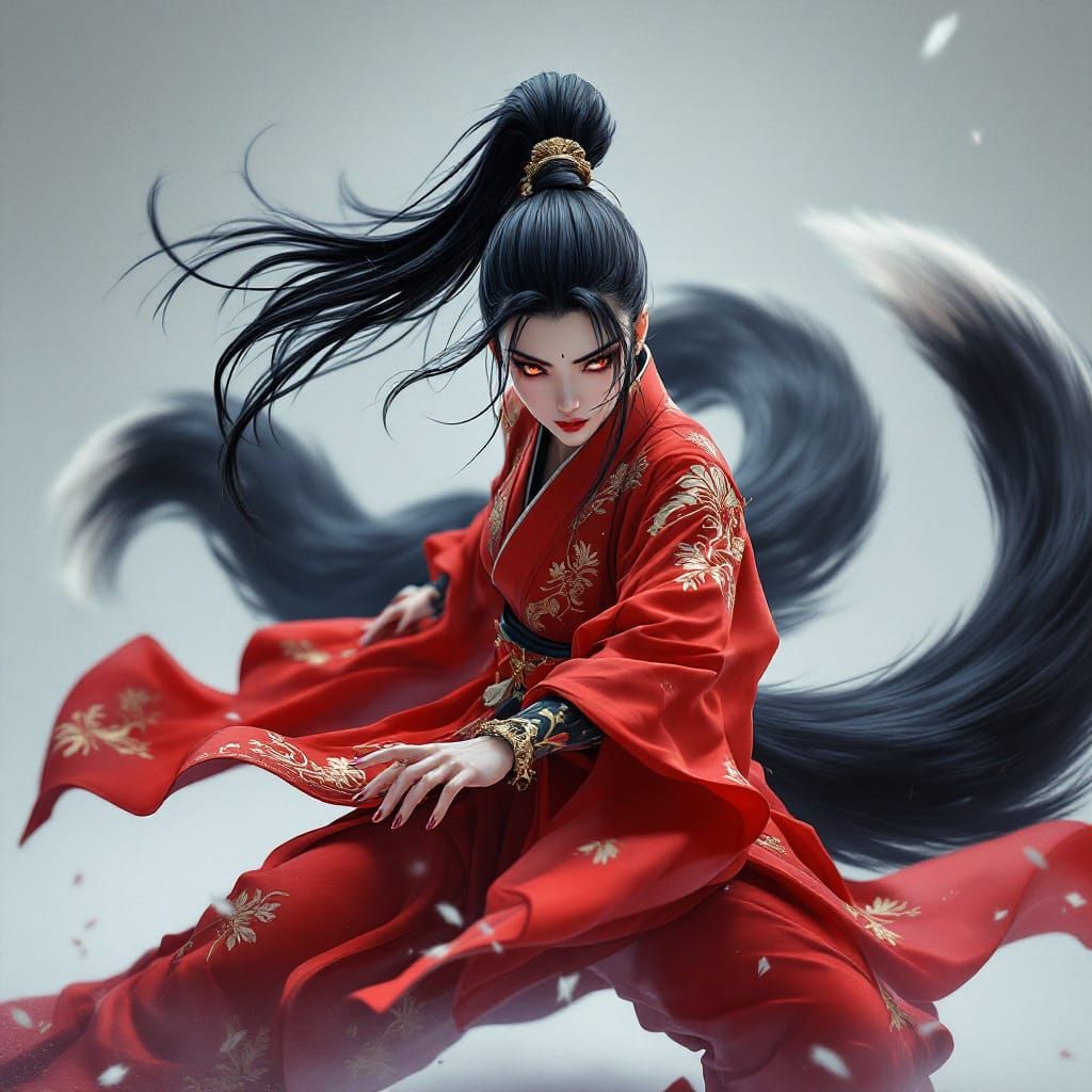Kitsune Woman in Red Kimono, 3D Anime Art
