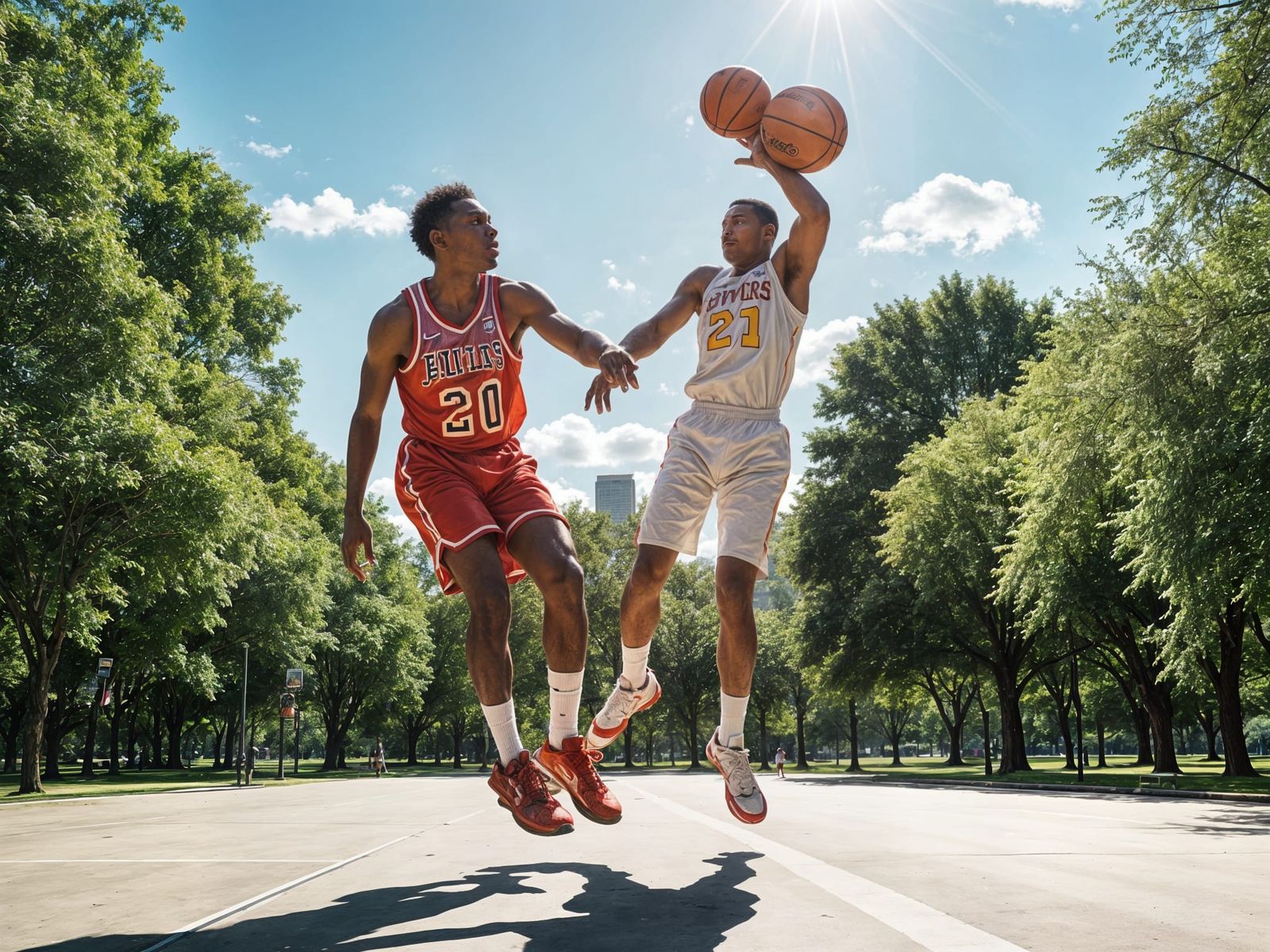 Basketball Game in the Park on Summer Day