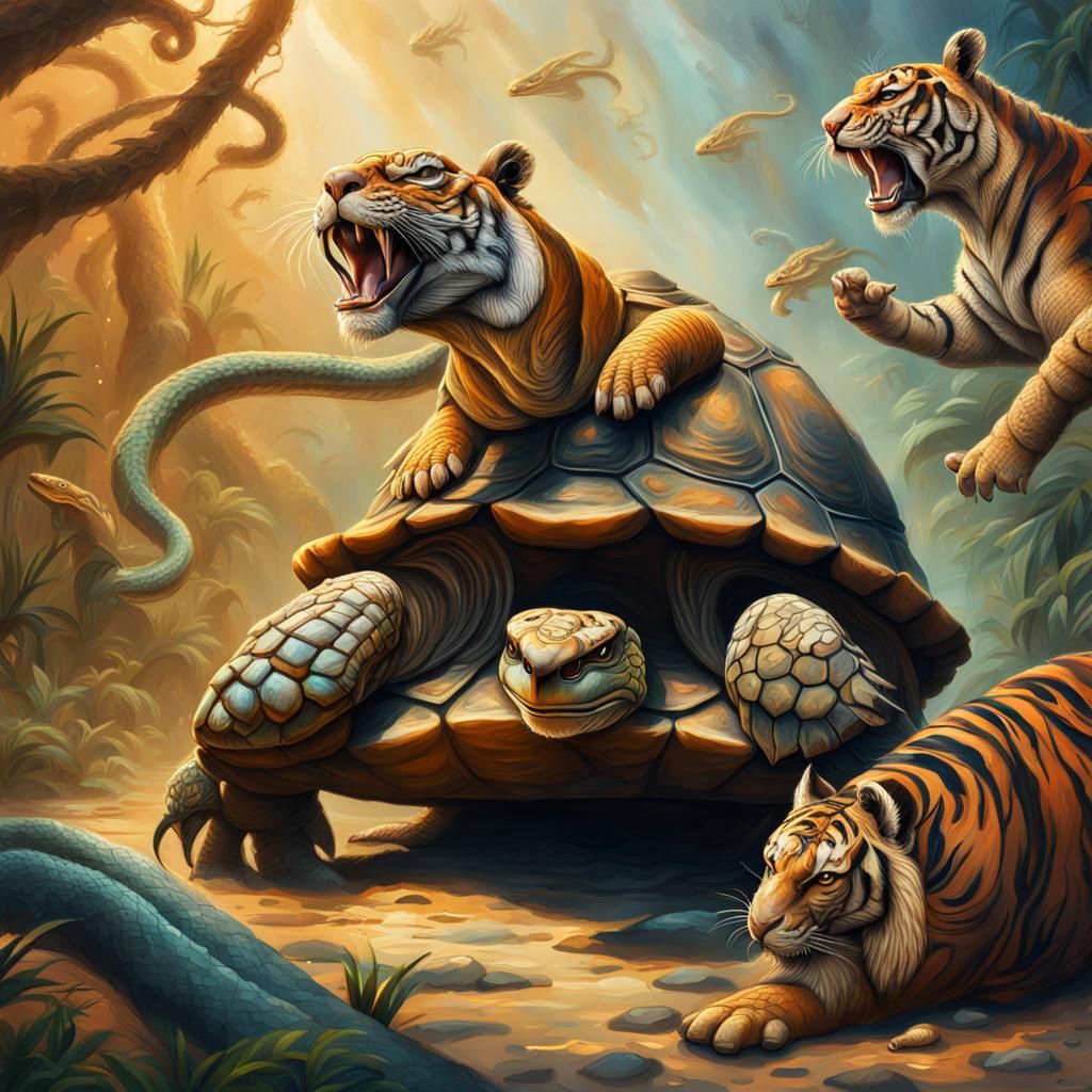 Tortoise and Tiger Concert: Hyperrealistic Splash Art