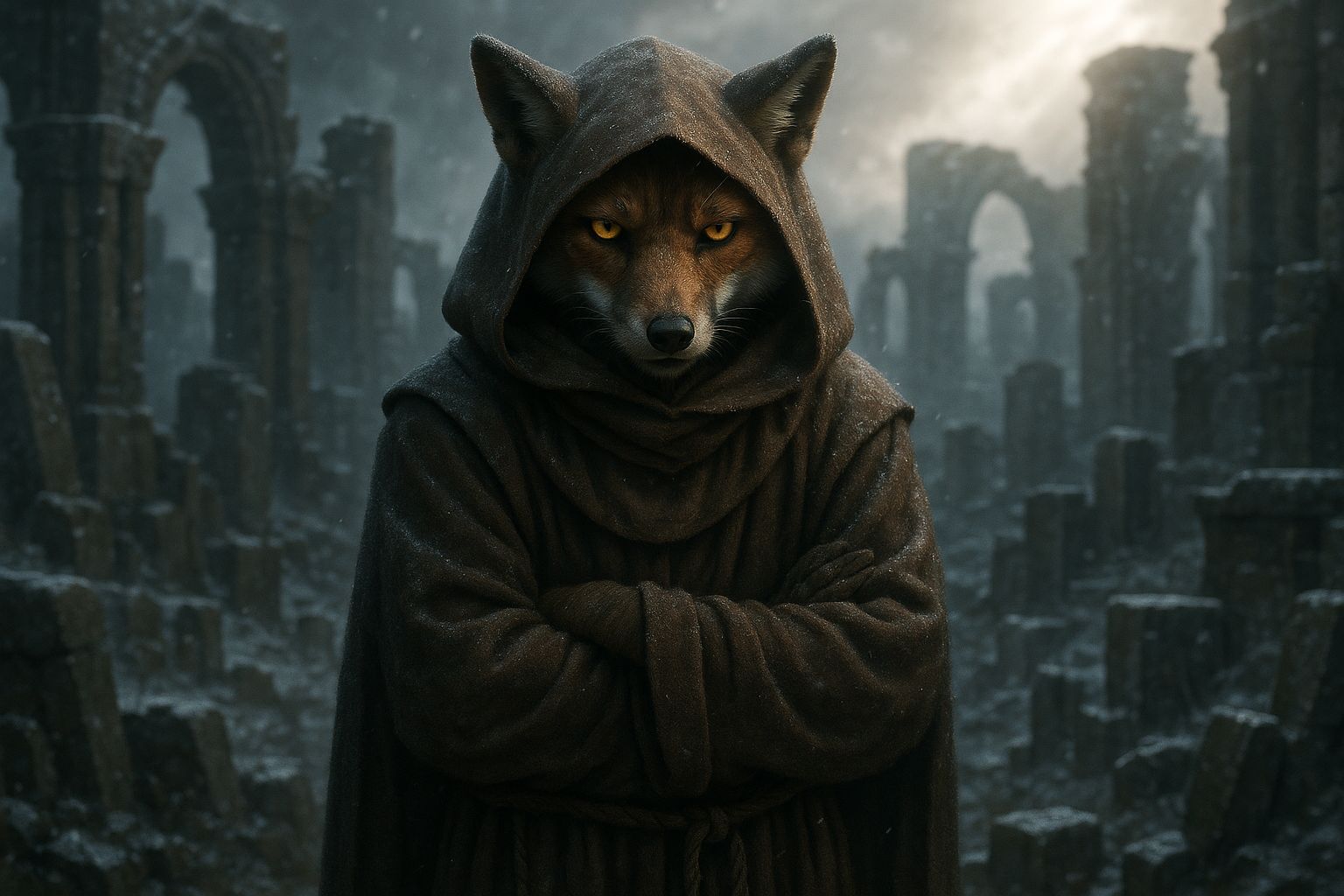 Sullen Fox Monk in Ancient Ruins