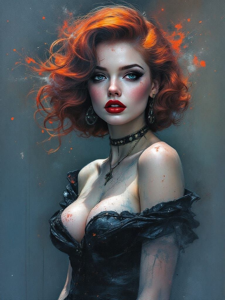 Red-Haired Pin-Up Woman in Smoky Watercolor Style