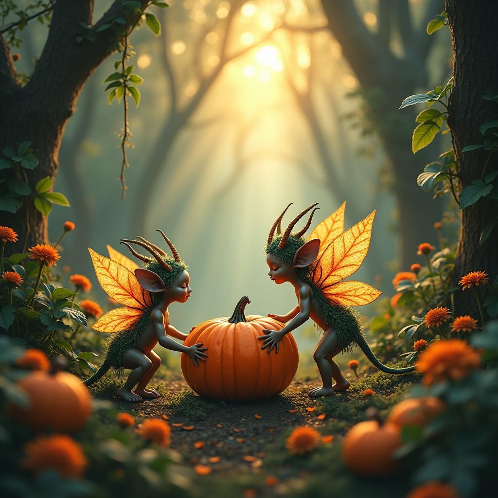 Magical Creatures Collecting Pumpkins in Jungle, Digital Mat...
