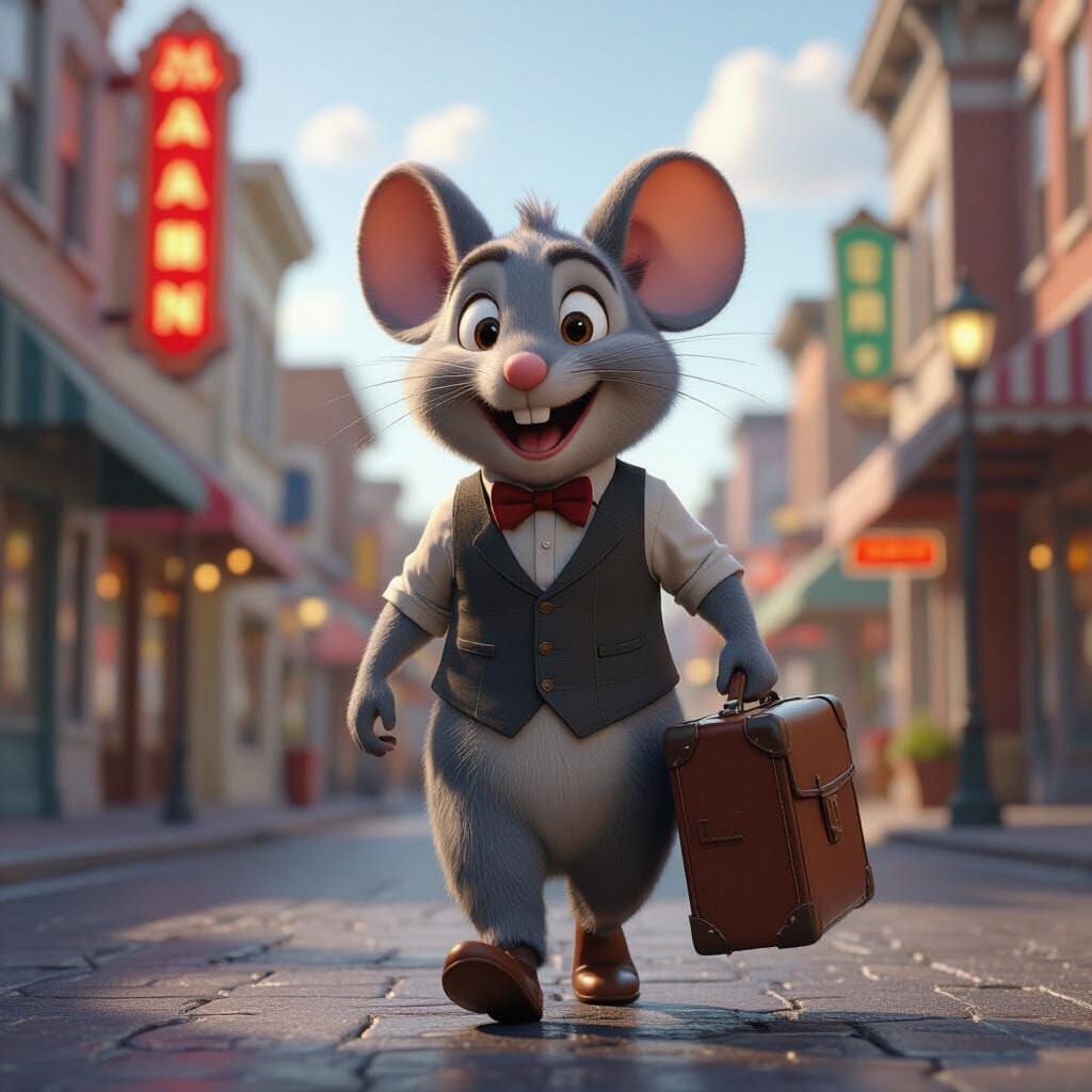 Anthropomorphic Mouse Strolls Down Nostalgic Main Street