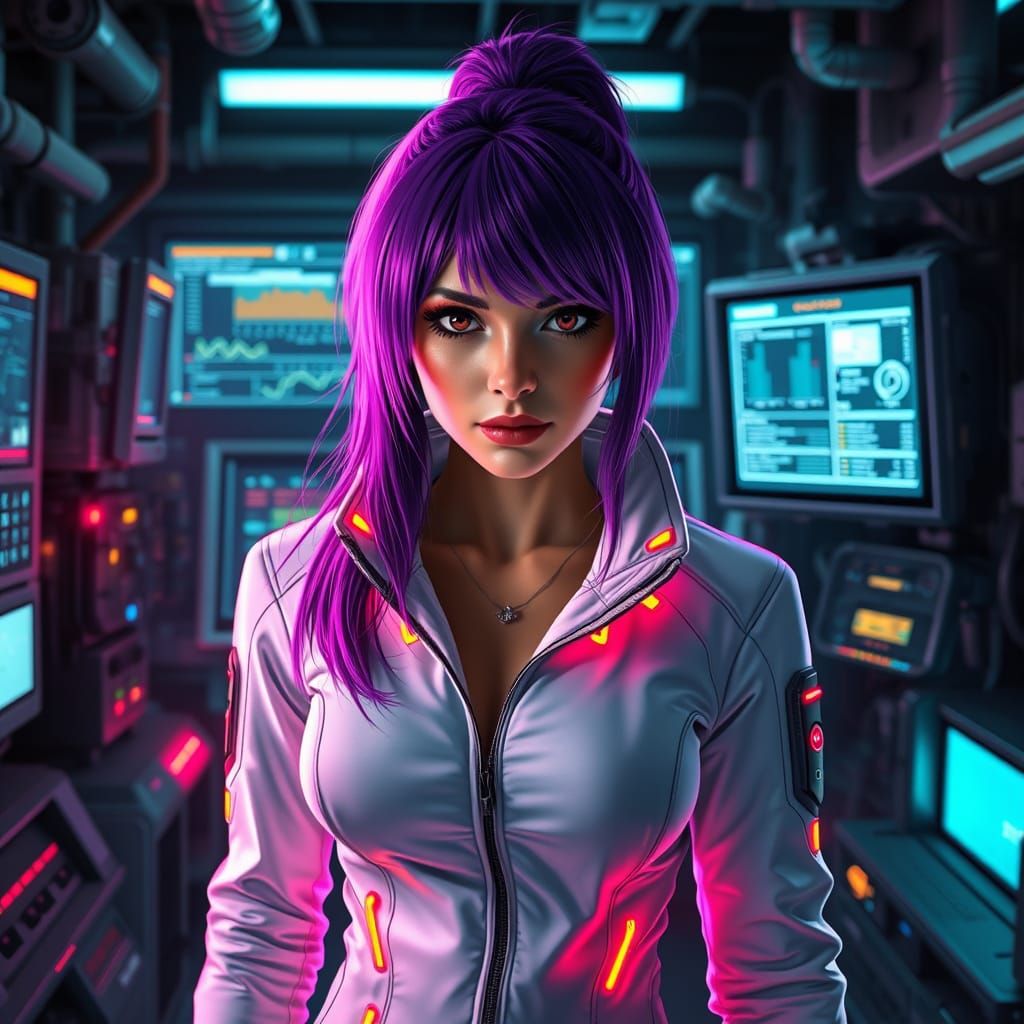 Cybernetic Woman Analyzing Data in Futuristic Lab