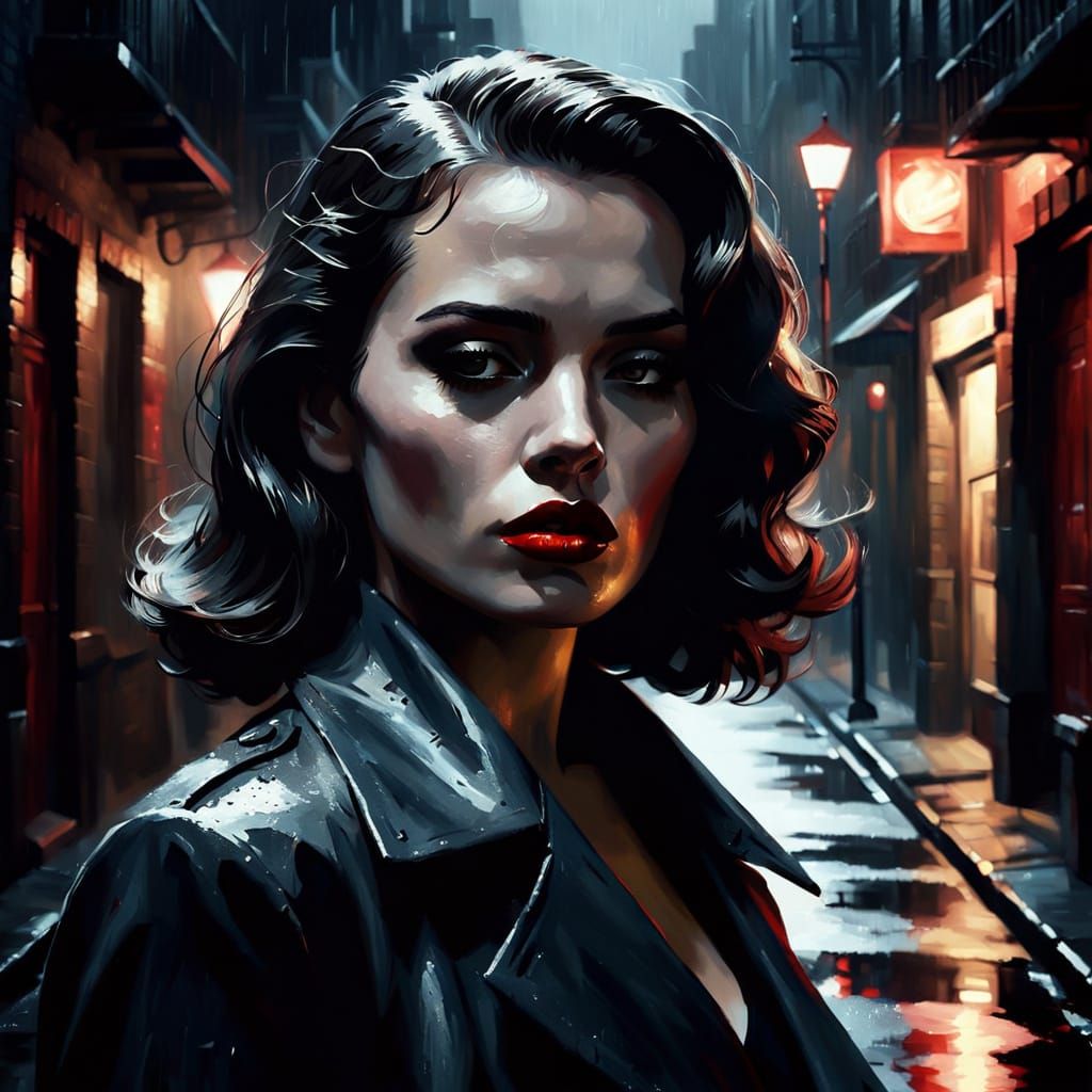 Femme Fatale Smoking in Rainy Noir Alley