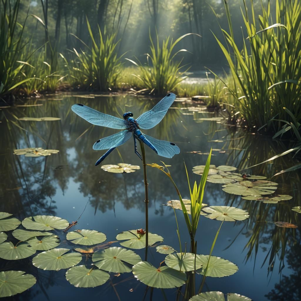 Blue Dragonfly on Grass Blade: Macrophotography