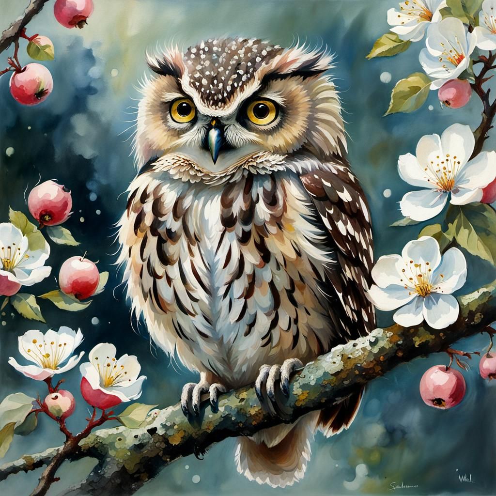 Little Owl in Blossoming Apple Tree Watercolor