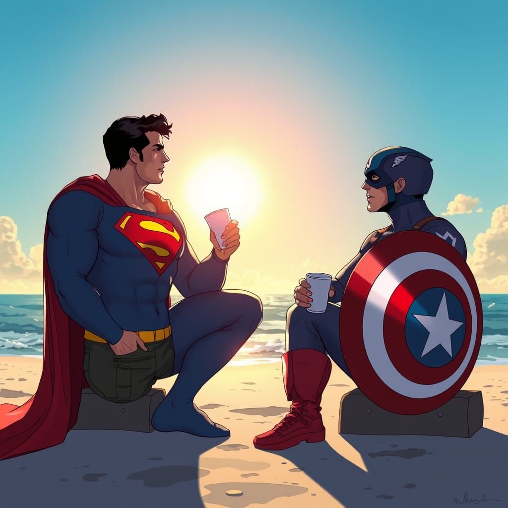 Superheroes Enjoy Morning Coffee on a Vibrant Beach