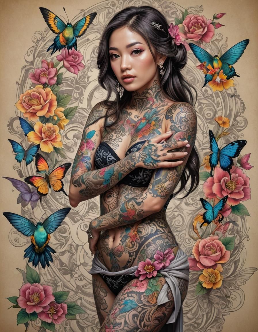 Tattooed Woman Portrait in Rococo Baroque Style