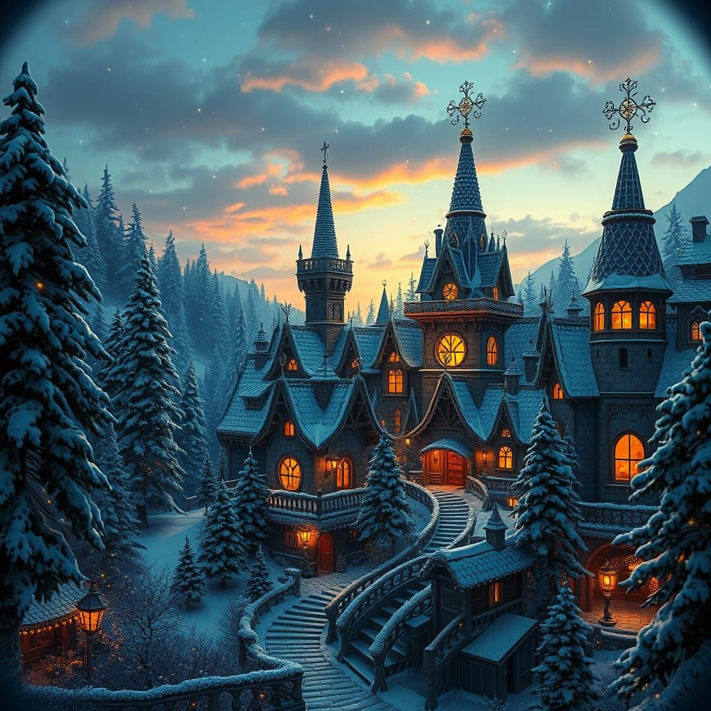 Whimsical Snow-Globe Village at Dusk in a Lush, Mystical For...