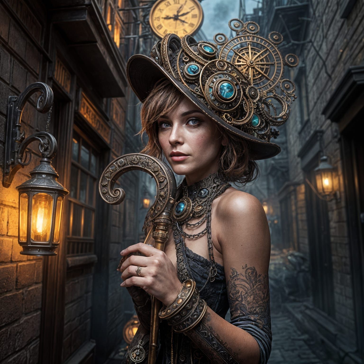 Elegant Steampunk Matron in Splendid Evening Attire