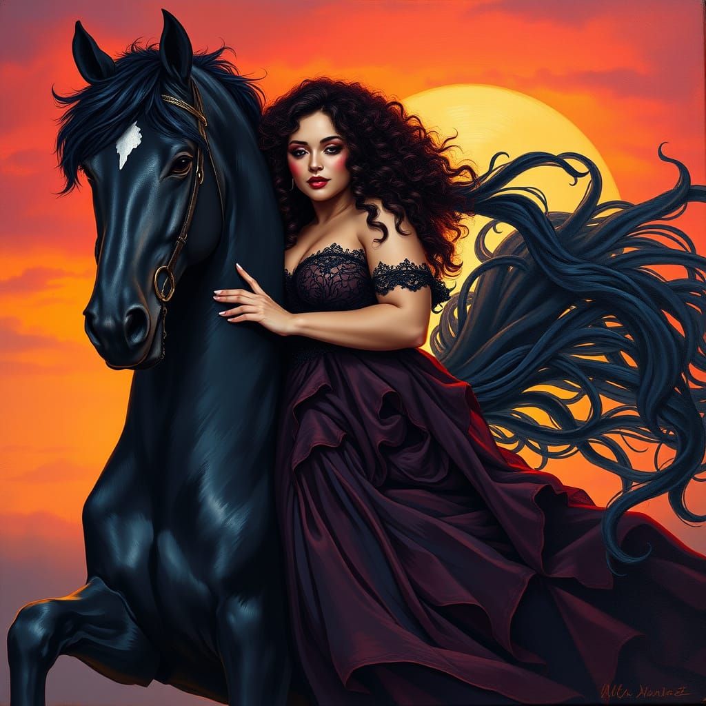 Sultry Goddess Rides Majestic Stallion Under Golden Sunset
