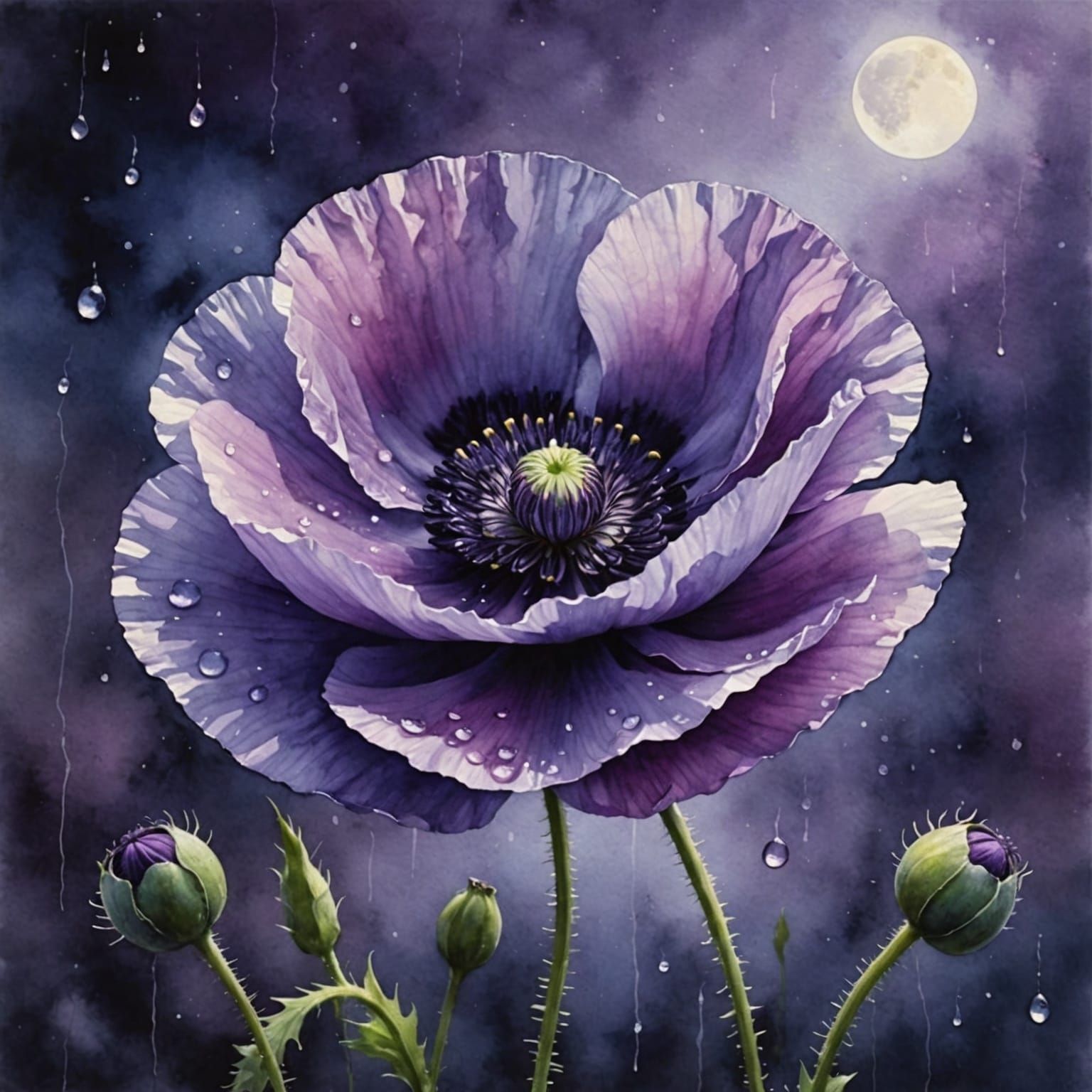 Purple Poppy in Moonlight Watercolor Painting