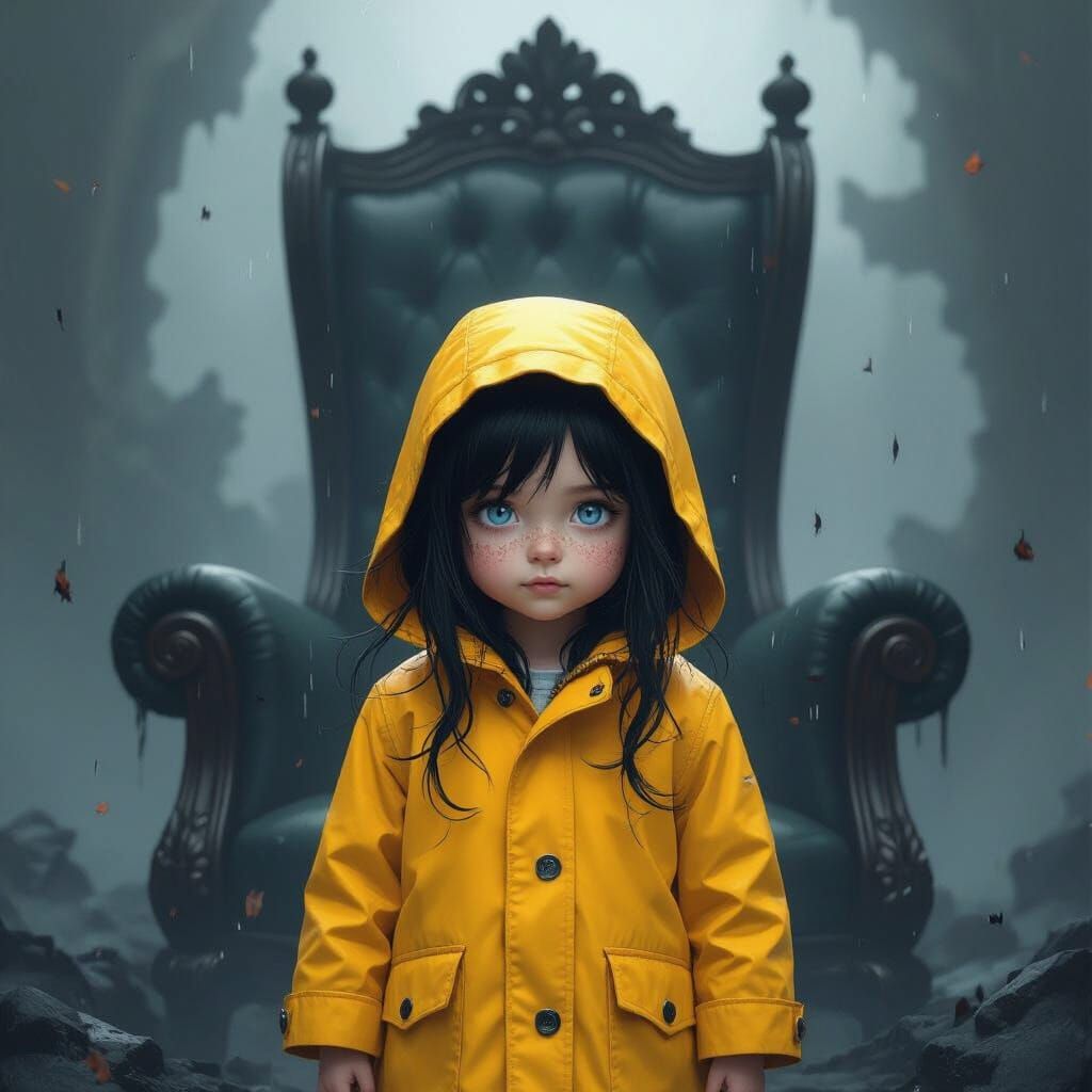 Girl in Yellow Raincoat Amidst Dark Magic and Giant Chair