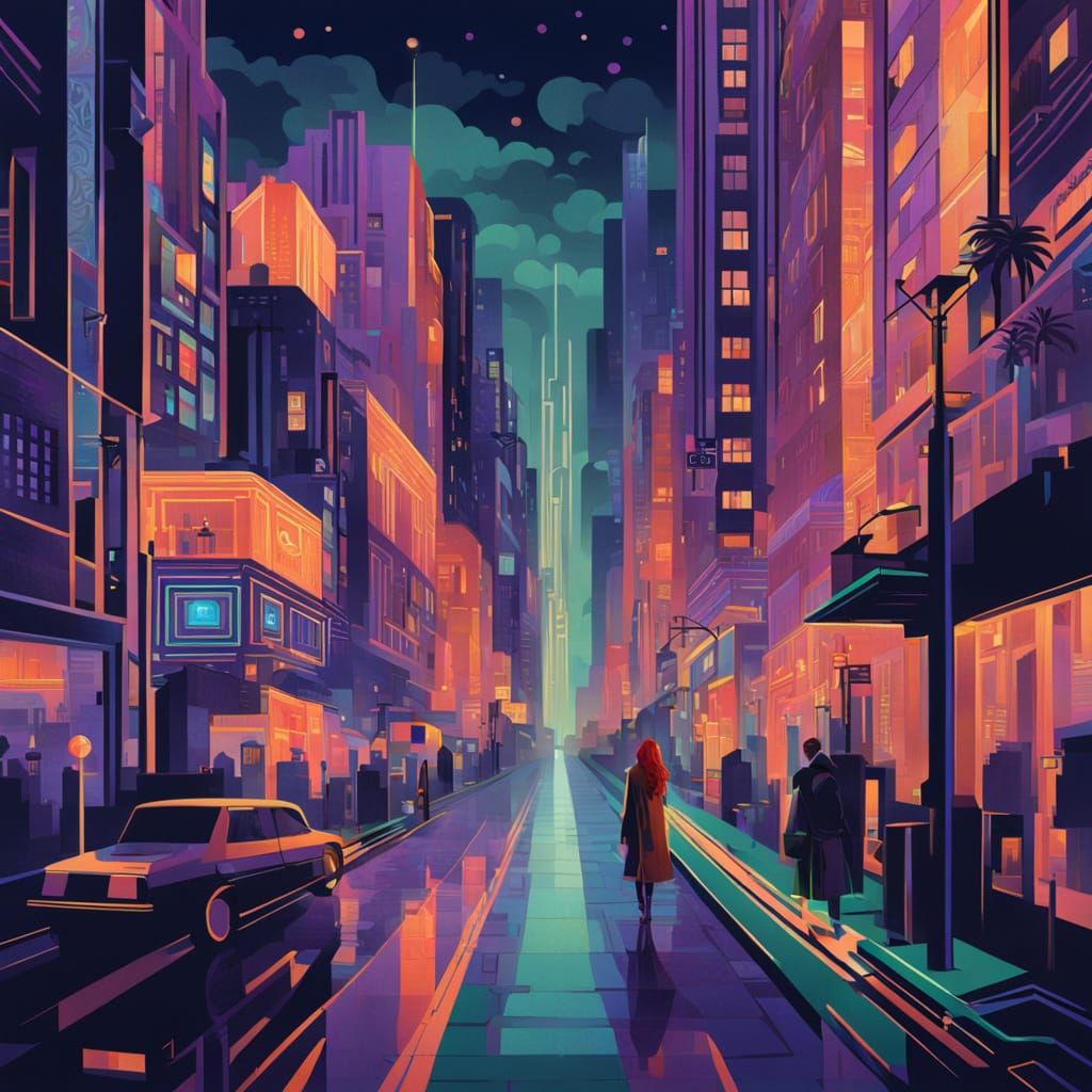 Art Deco Cityscape at Twilight with Neon Signs