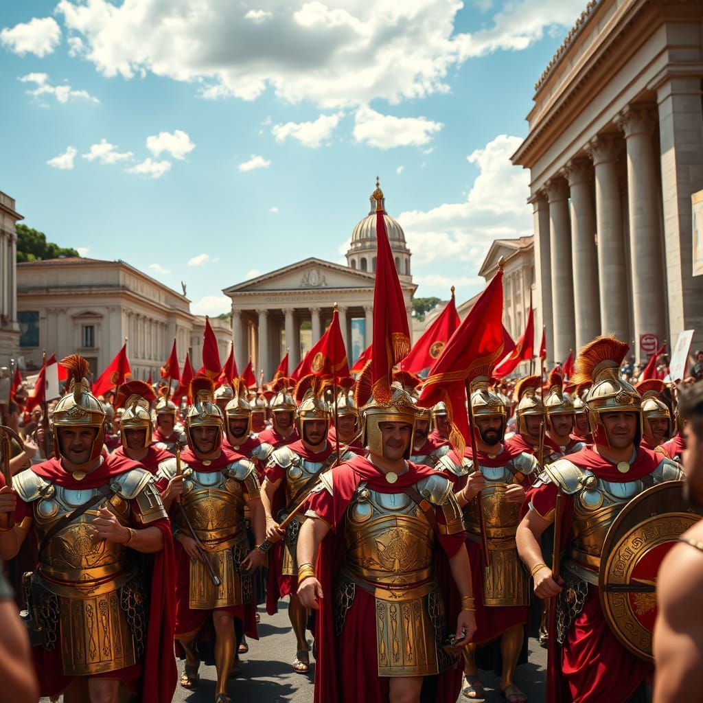 Roman Legionaries Triumphantly March Through Rome