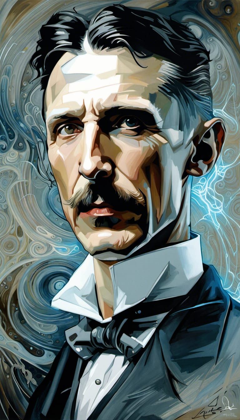 Photorealistic Nikola Tesla Portrait in Gouache Style