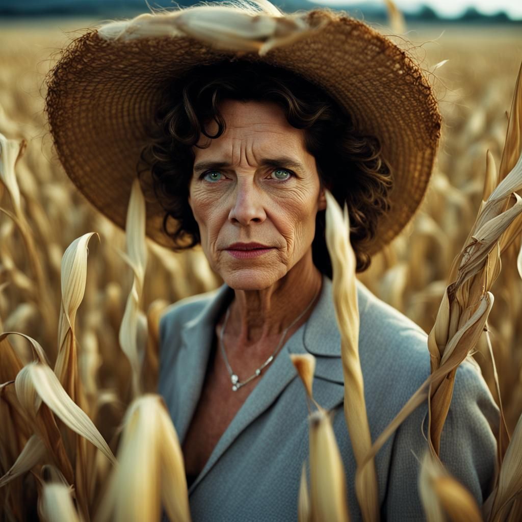 Eerie Portrait of Woman in Cornfield with Bokeh