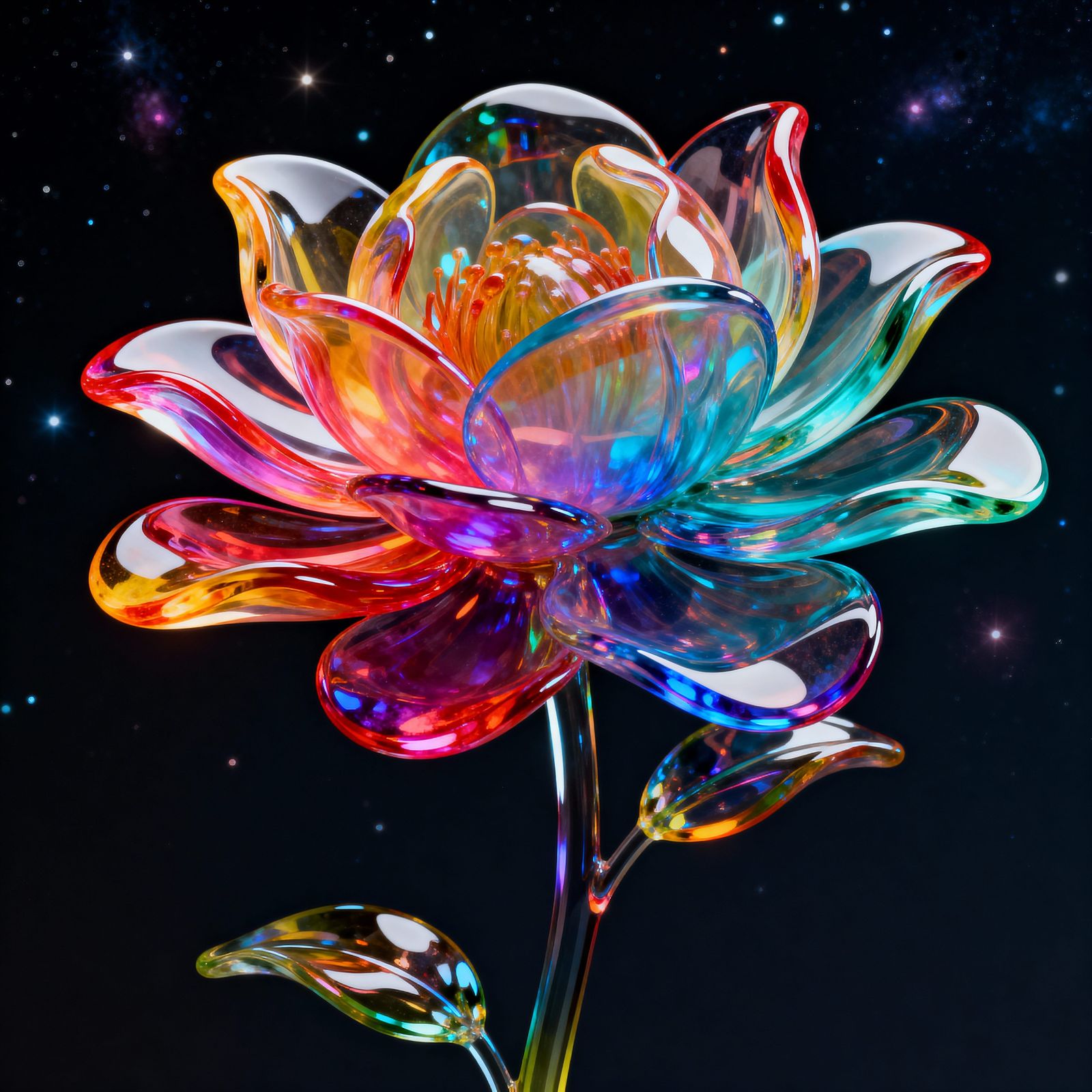 Cosmic Glass Flower Art in Vibrant RGB Hues