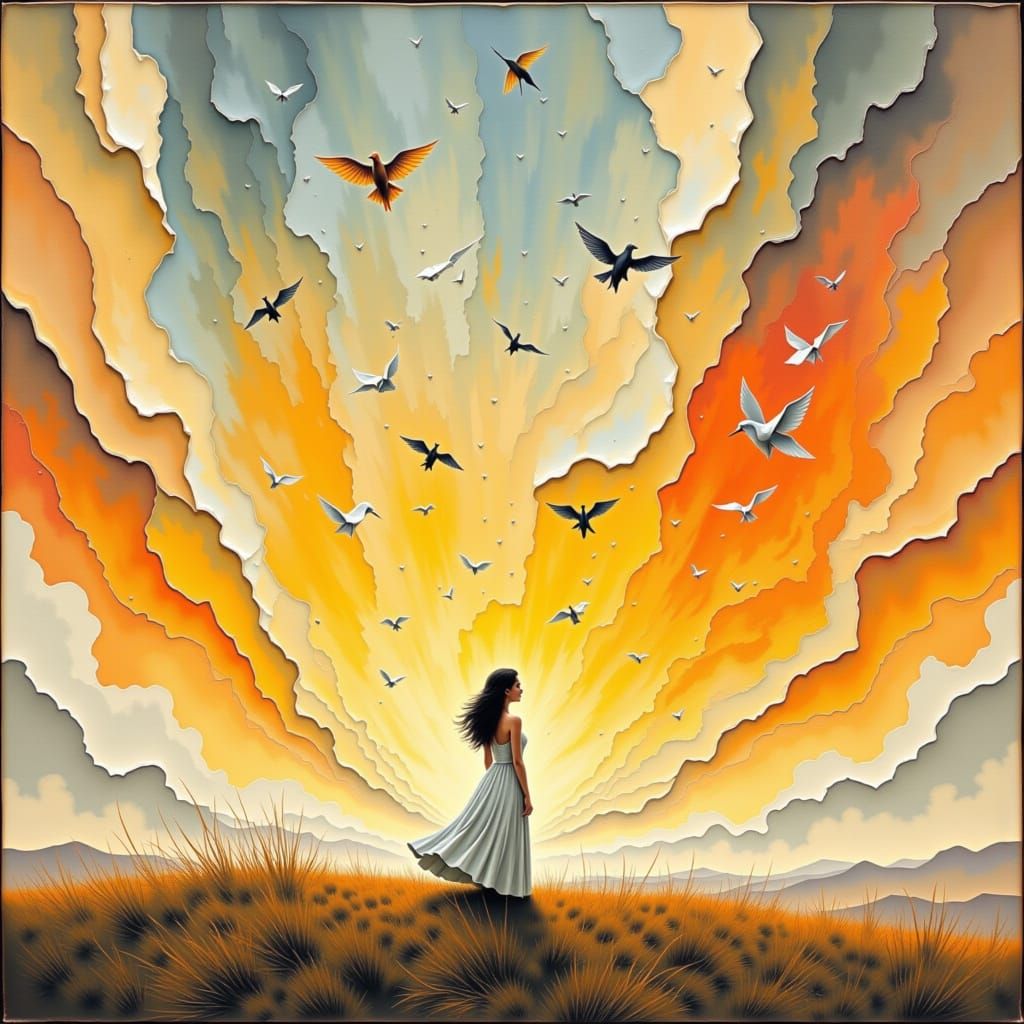 Origami Birds Released at Sunset: Digital Art