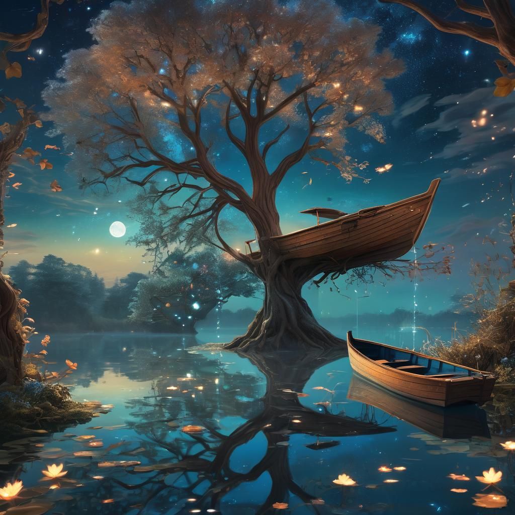 Tranquil Lake at Twilight: Surreal Dreamscape in Electric Hu...