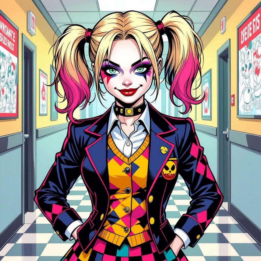 Harley Quinn as an 8th Grader in Pop Art Comic Style