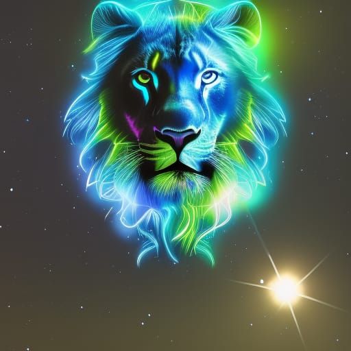 Neon Lion in Astral Starscape: Holographic Illustration