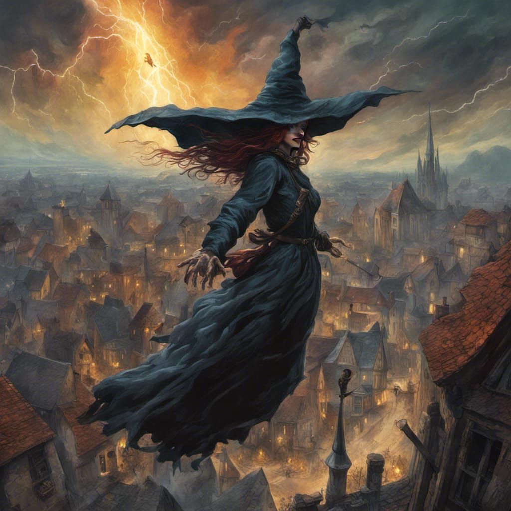 Witch Flying Above Medieval Town with Electric Spells