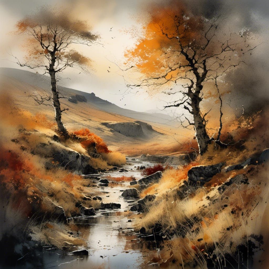 Autumn Scottish Landscape in Watercolor Style
