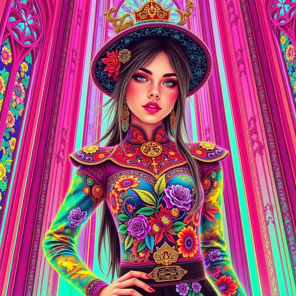 Steampunk Vietnamese Woman in Áo Tứ Thân, Fine Line Art
