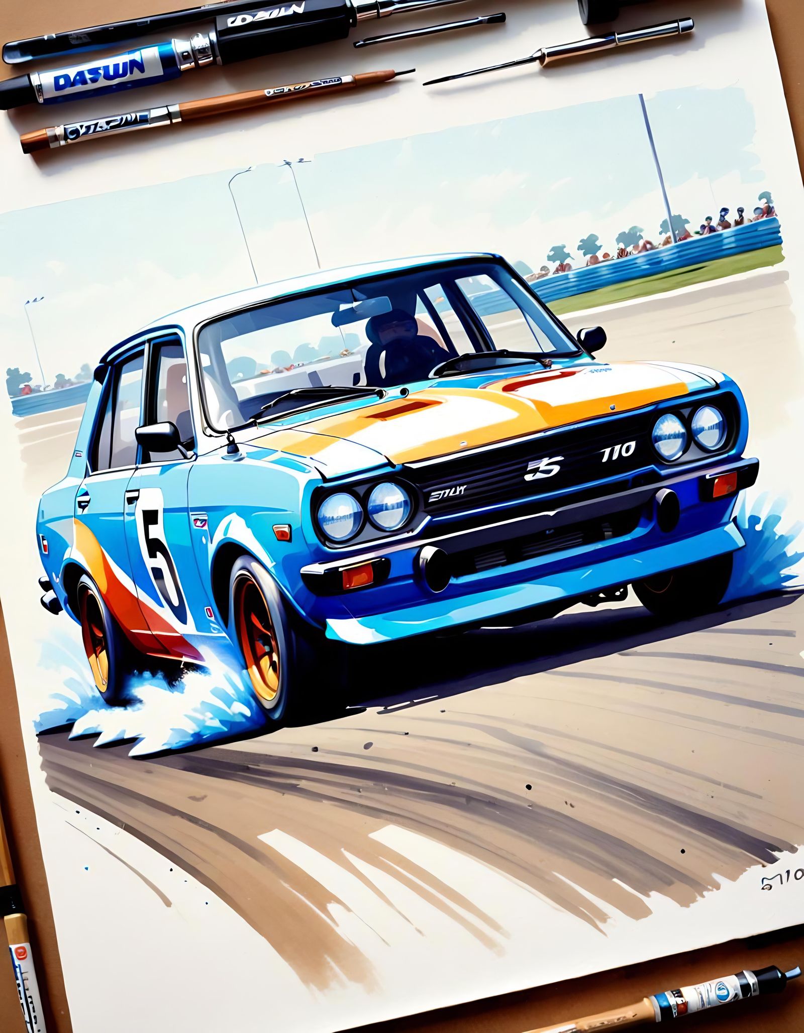 Racing Datsun 510: Detailed Gouache Painting