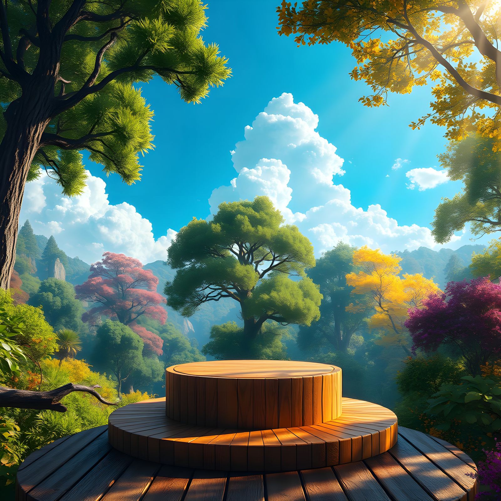 Lush Nature Scene with Wooden Platform in Fantasy Style