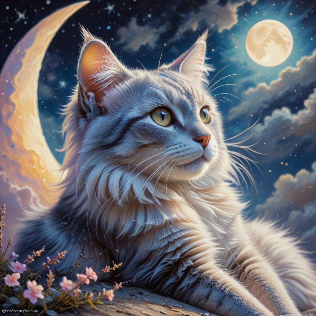 Cat on the Moon: Whimsical Oil Painting in Pastel Colors