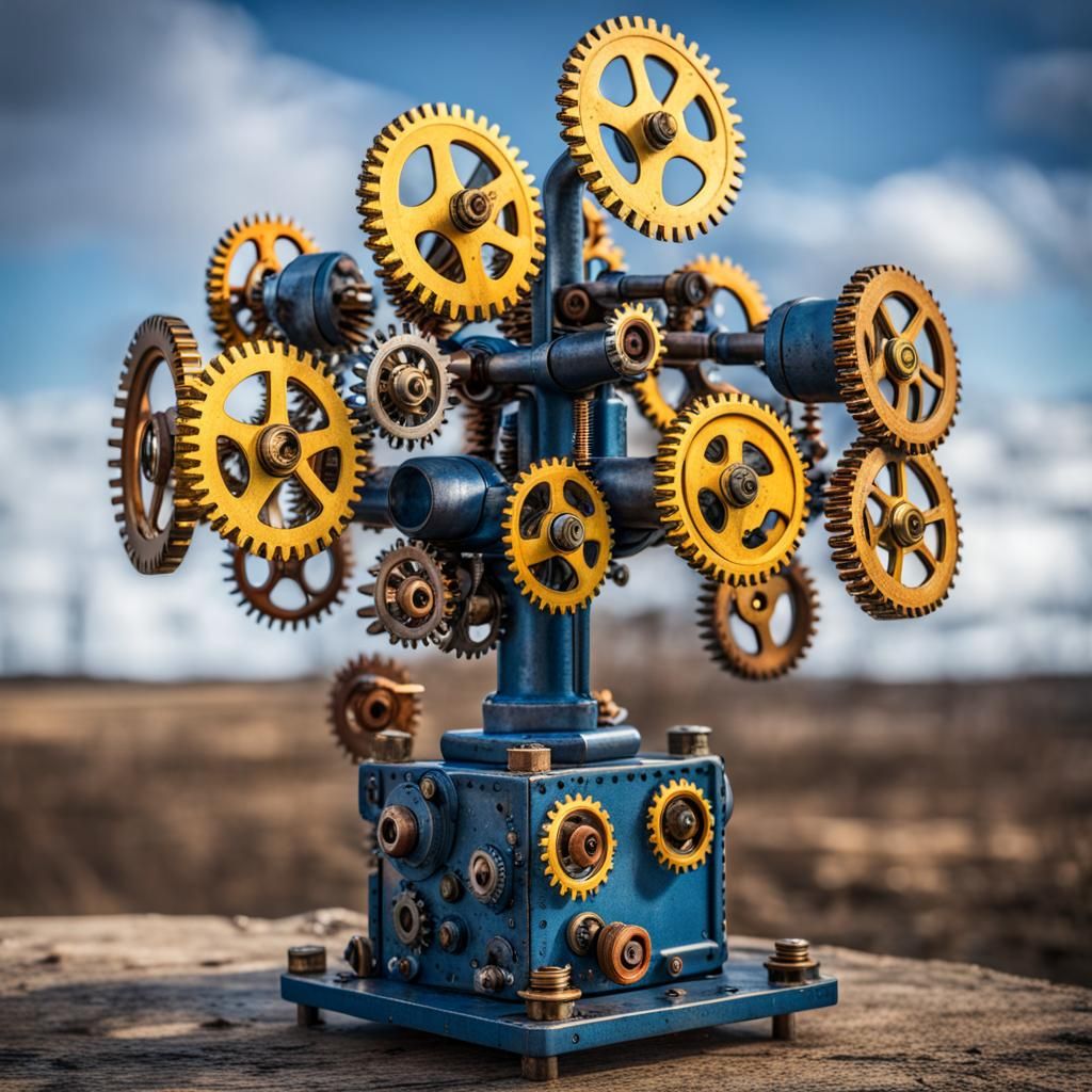 Steampunk Mechanical Tree in Rusty Metal Cube