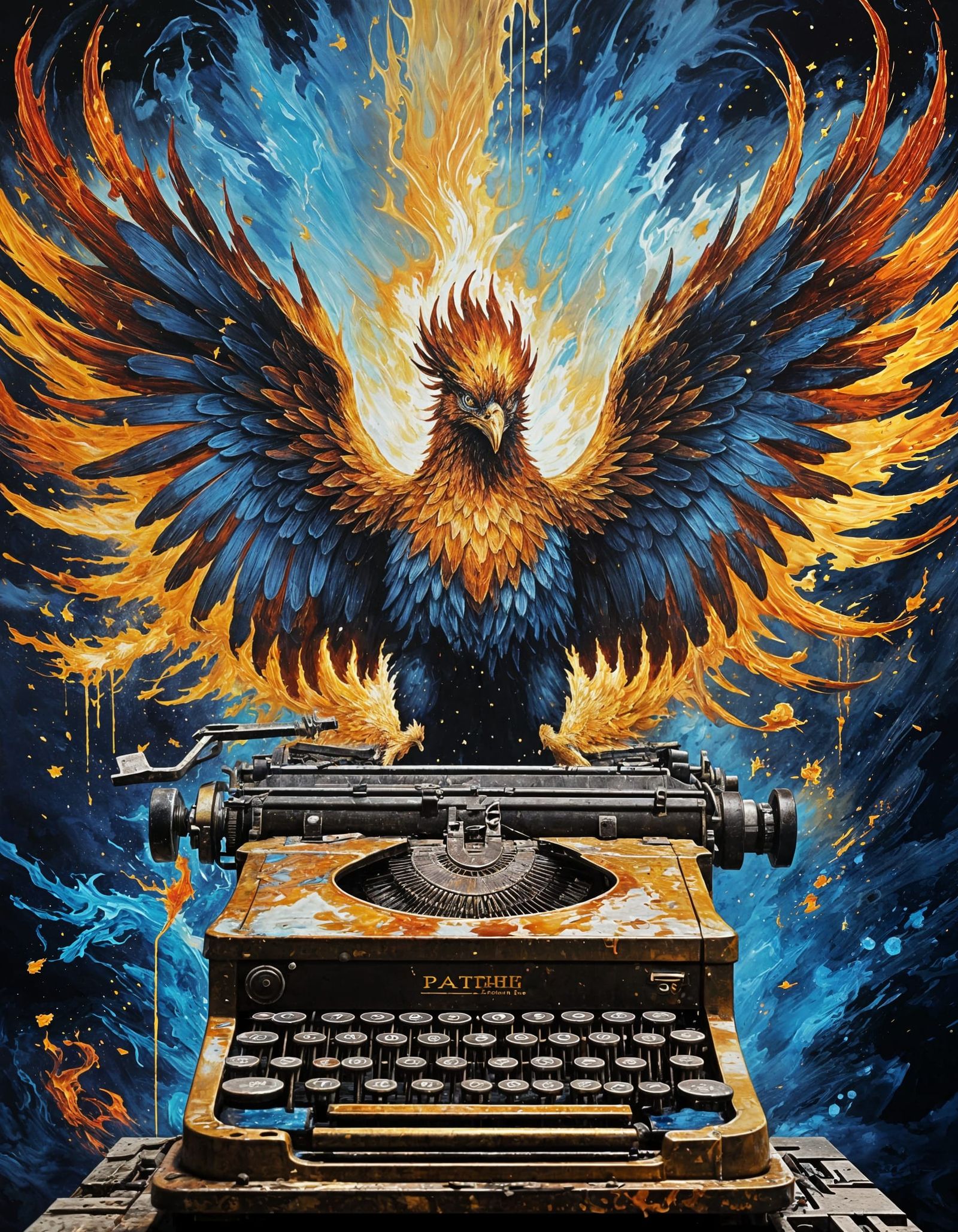 Cosmic Phoenix and Typewriter in Abstract Impasto Style