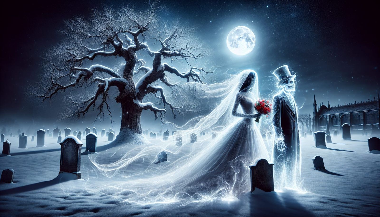 Ethereal Ghost Bride and Groom in Graveyard