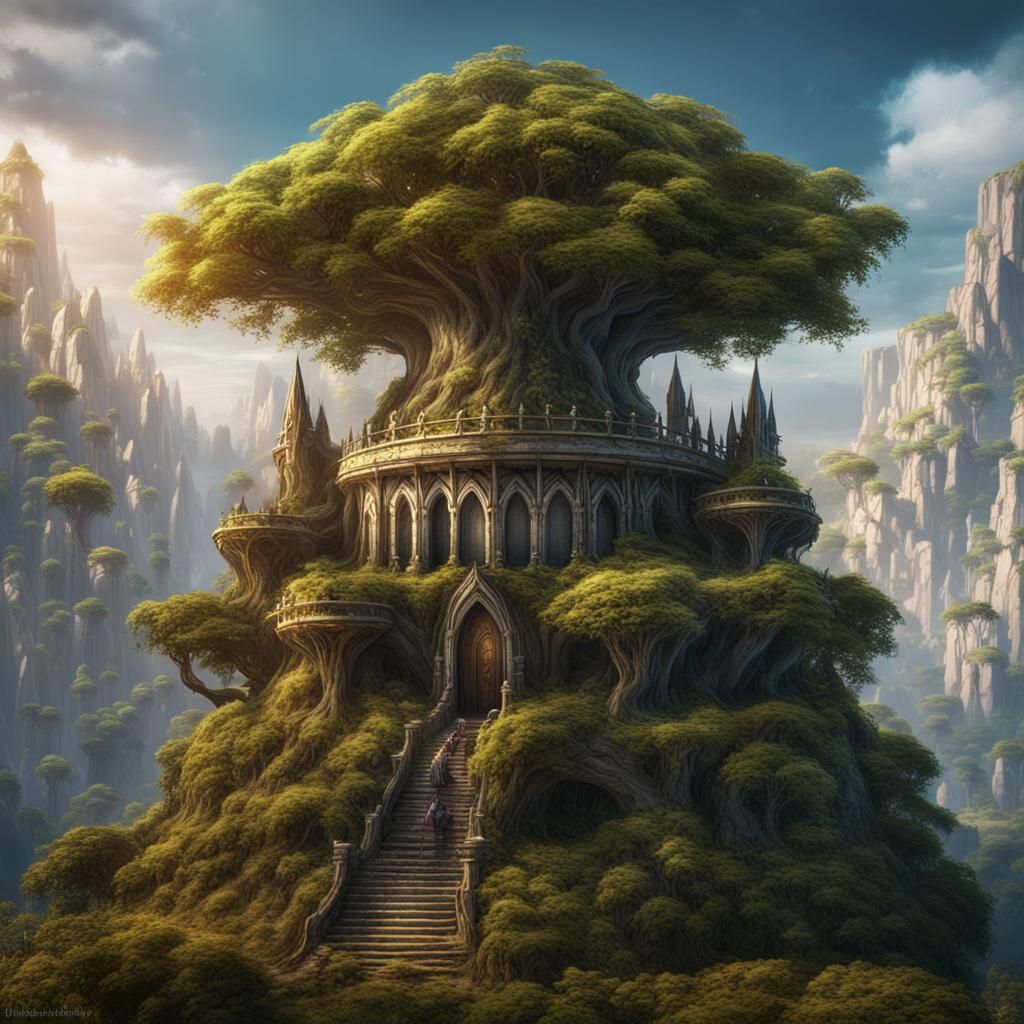 Elven Temple on Tree: Detailed Matte Painting