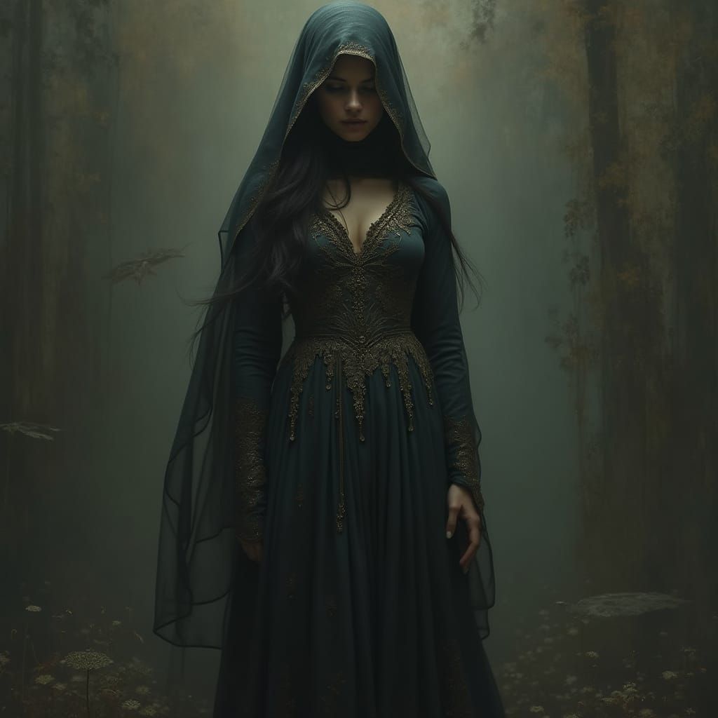 Ethereal Woman in Mystical Art Nouveau-Inspired Gown