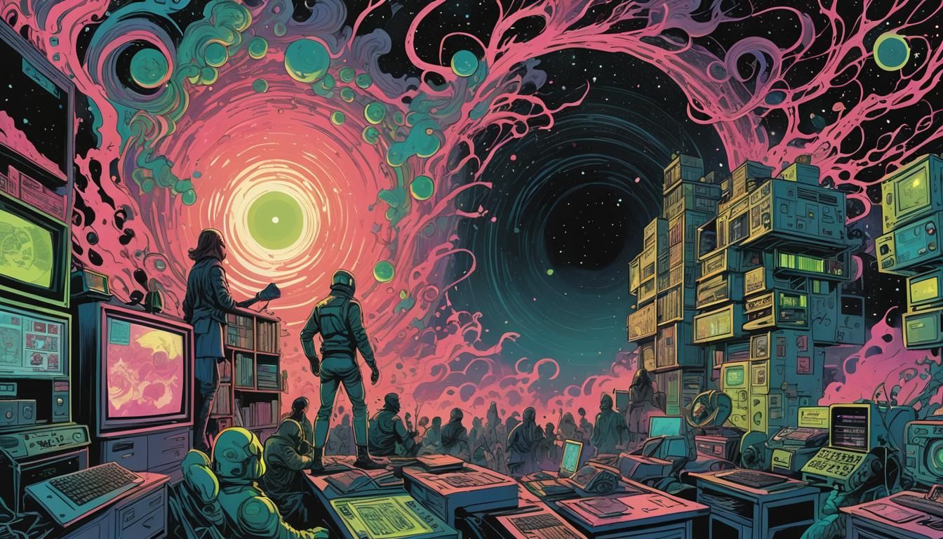 Black Hole Devouring Reality in Retro Comics Style