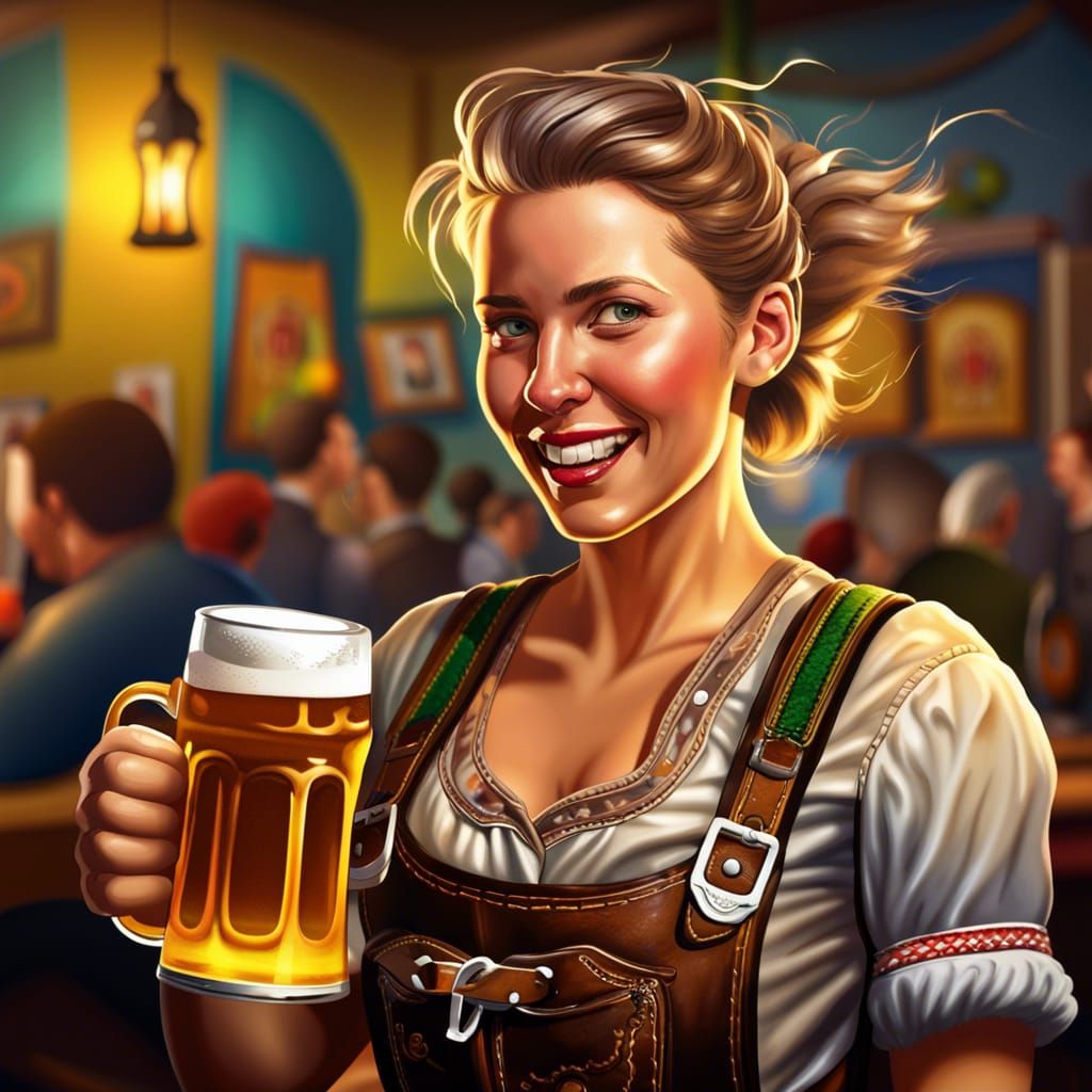 Hyperrealistic Beer Girl in Lederhosen