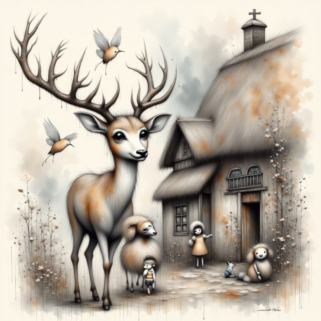 Deer with Rope Antlers in Whimsical Charcoal Drawing