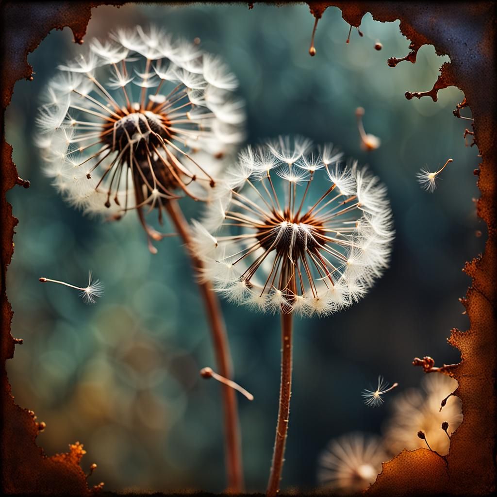 Dandelion Seeds Against Rusted Metal Macro Photograph