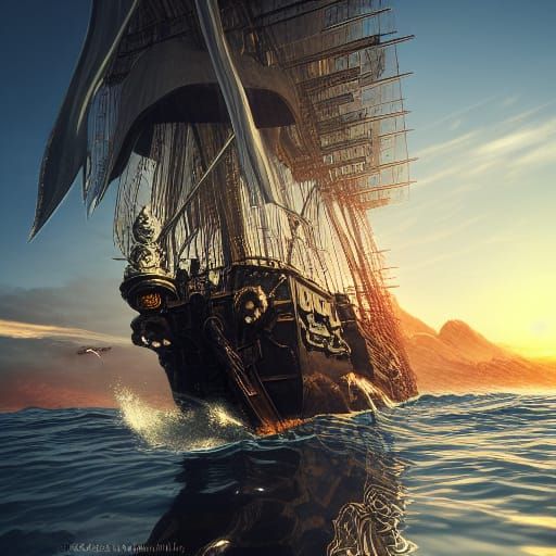 Epic Pirate Ship at Sunrise in Digital Art Style