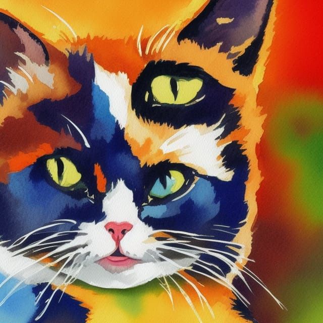 Funny Cute Cat in Gouache Watercolor Style