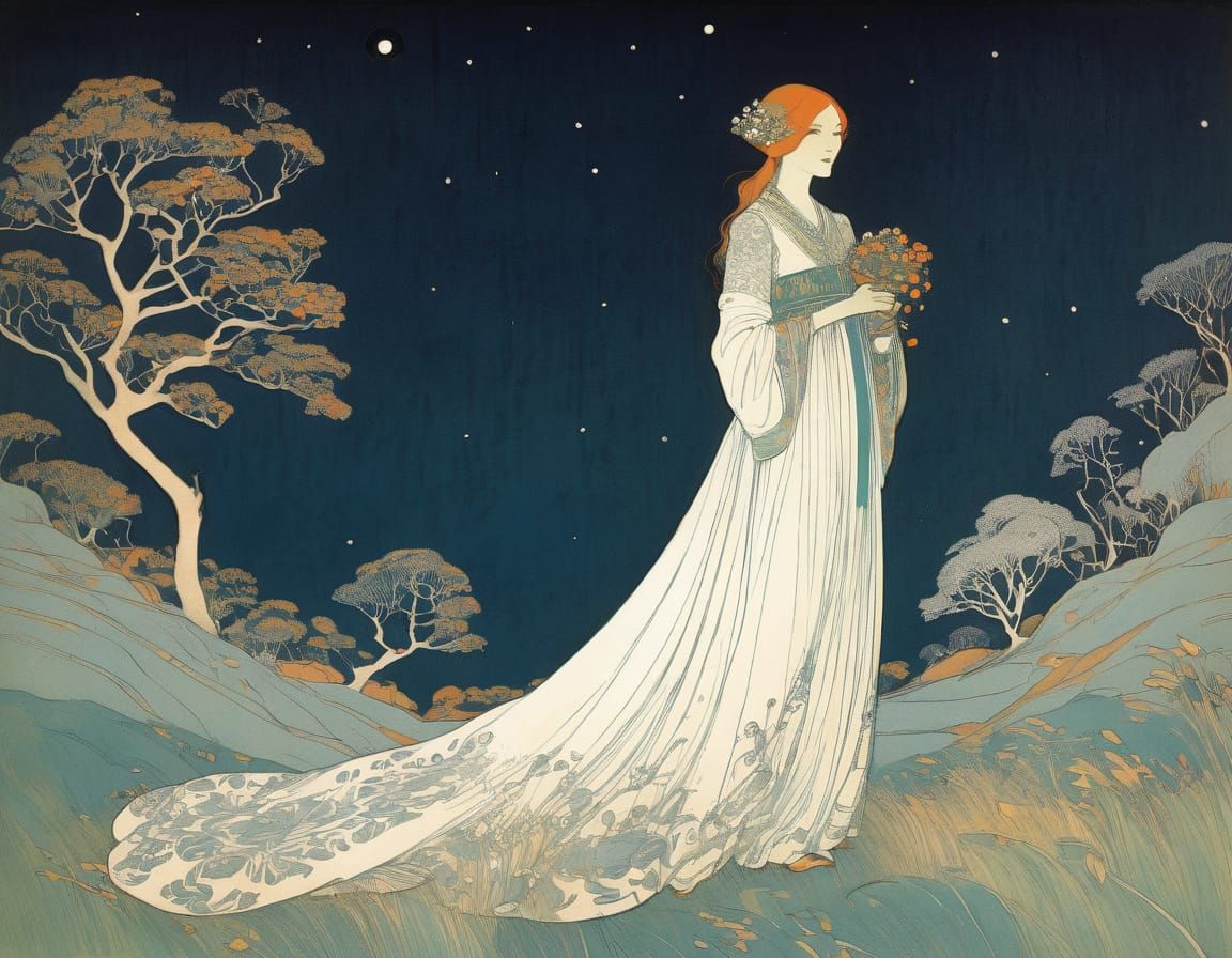 A Young Girl in White Gathers Wildflowers in the Woods