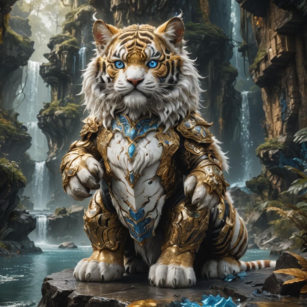 small white and black tiger head centaur; blue eyes; black stripes; human arms; gold armor knight; fractal fur